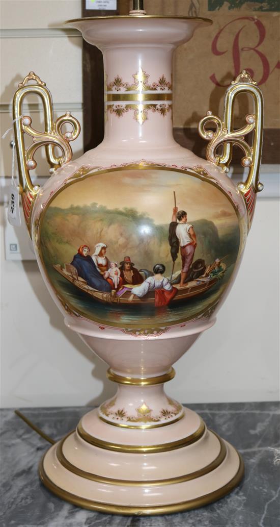 A Continental porcelain two-handled vase table lamp, decorated with a 19th century boating scene, with cupola-shaped shade H.53cm